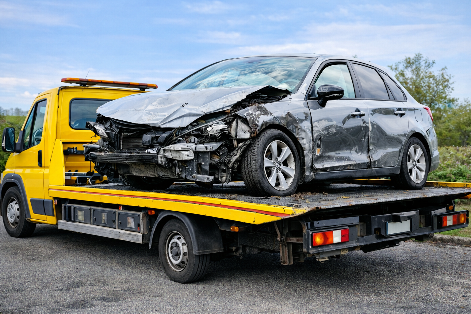Skup aut powypadkowych Kalisz – samochód po wypadku na lawecie
